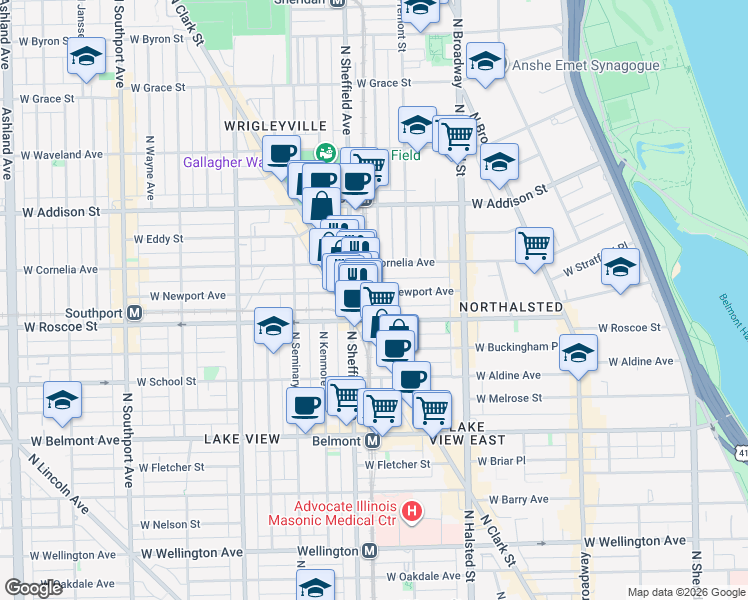 map of restaurants, bars, coffee shops, grocery stores, and more near 937 West Newport Avenue in Chicago