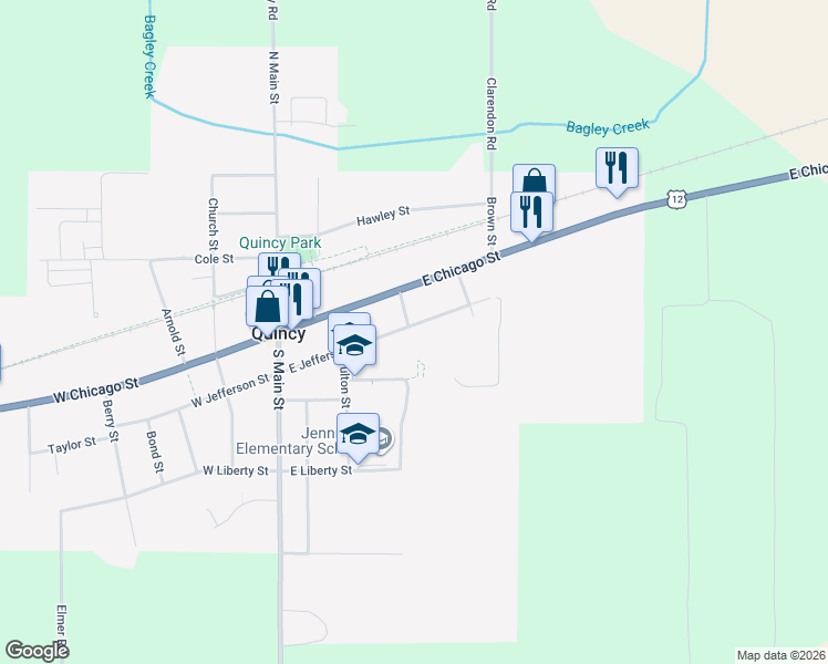 map of restaurants, bars, coffee shops, grocery stores, and more near 71 East Jefferson Street in Quincy