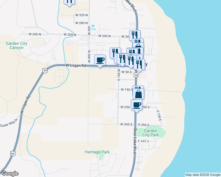 map of restaurants, bars, coffee shops, grocery stores, and more near 140 West 150 South in Garden City