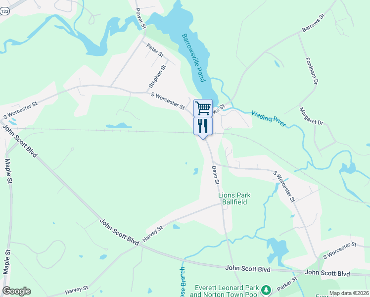 map of restaurants, bars, coffee shops, grocery stores, and more near 225 South Worcester Street in Taunton