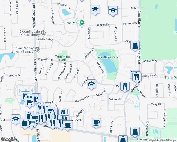 map of restaurants, bars, coffee shops, grocery stores, and more near 242 Edgewater Drive in Bloomingdale