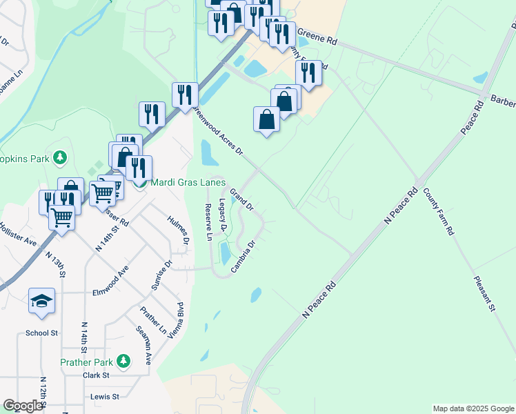 map of restaurants, bars, coffee shops, grocery stores, and more near 1522 Grand Drive in DeKalb