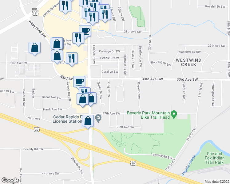 map of restaurants, bars, coffee shops, grocery stores, and more near 3424 Ardsley Lane Southwest in Cedar Rapids