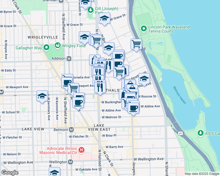 map of restaurants, bars, coffee shops, grocery stores, and more near 3414 North Elaine Place in Chicago