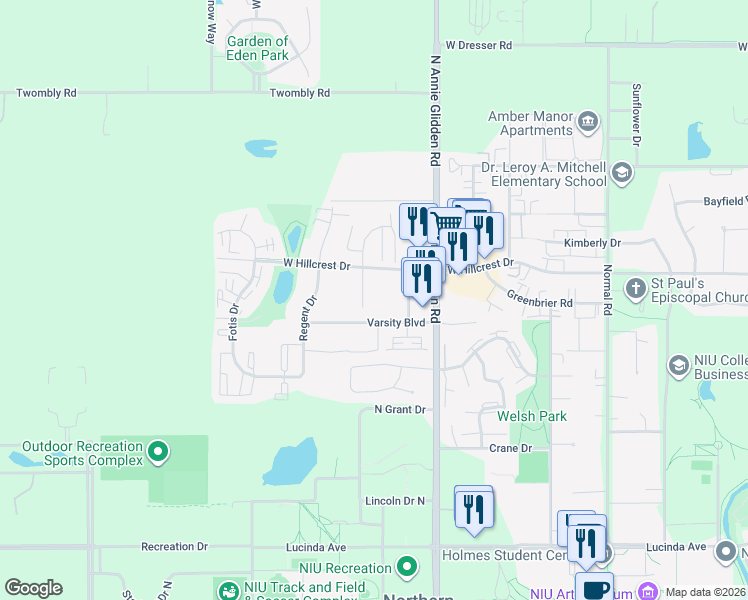 map of restaurants, bars, coffee shops, grocery stores, and more near 858 Spiros Court in DeKalb