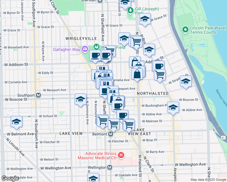 map of restaurants, bars, coffee shops, grocery stores, and more near 925 West Newport Avenue in Chicago