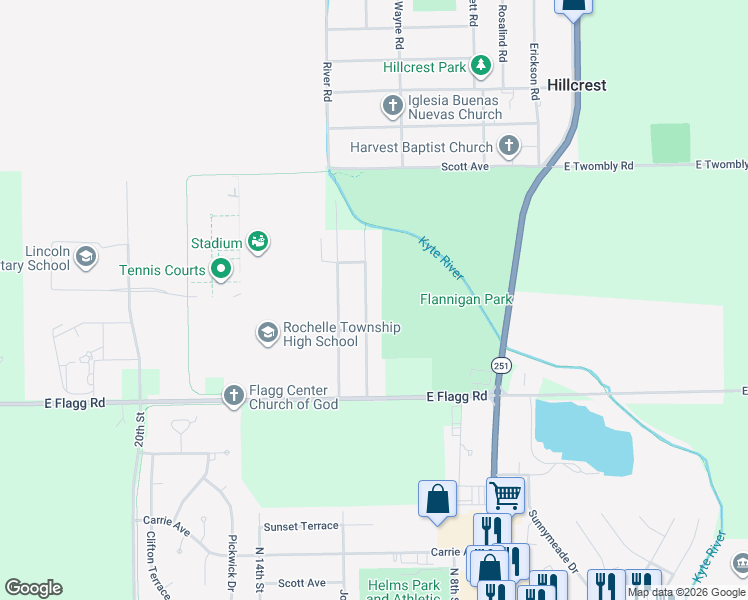 map of restaurants, bars, coffee shops, grocery stores, and more near 5283 South Harlan Drive in Rochelle