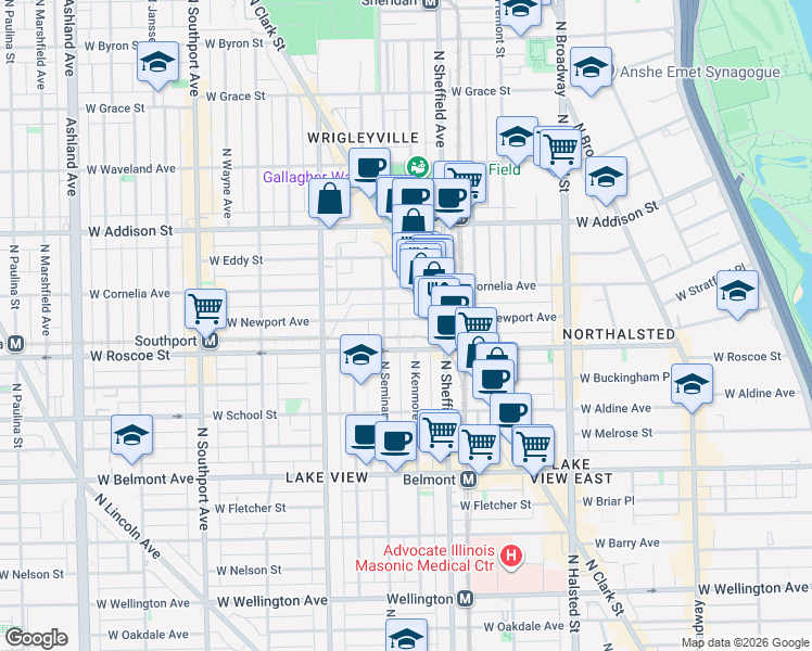 map of restaurants, bars, coffee shops, grocery stores, and more near 1030 West Newport Avenue in Chicago