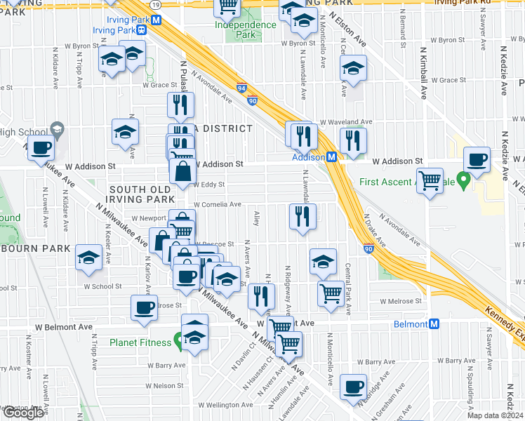 map of restaurants, bars, coffee shops, grocery stores, and more near 3450 North Hamlin Avenue in Chicago