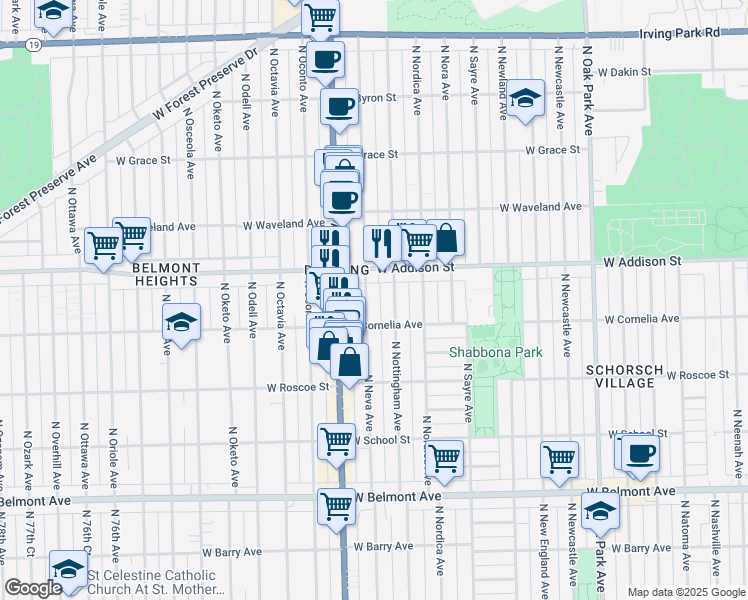 map of restaurants, bars, coffee shops, grocery stores, and more near 3531 North Neva Avenue in Chicago