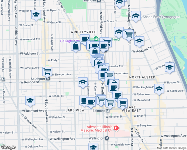 map of restaurants, bars, coffee shops, grocery stores, and more near 1039 West Newport Avenue in Chicago