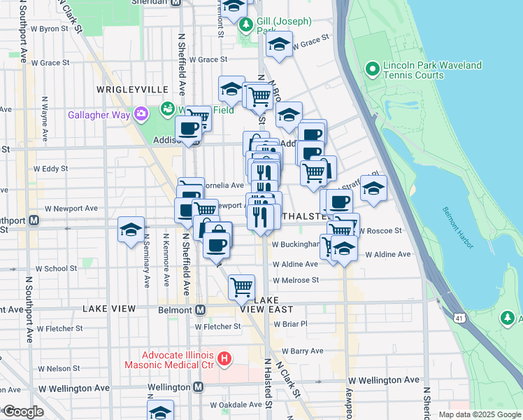 map of restaurants, bars, coffee shops, grocery stores, and more near 801 West Newport Avenue in Chicago