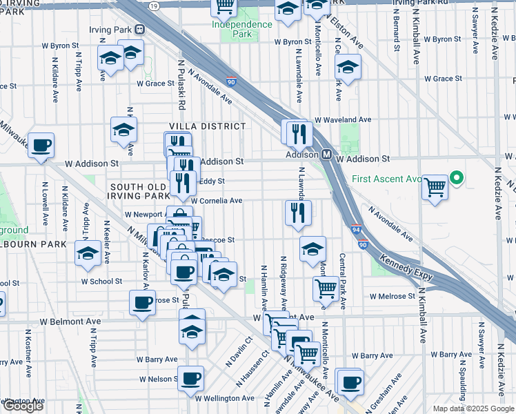 map of restaurants, bars, coffee shops, grocery stores, and more near 3450 North Hamlin Avenue in Chicago