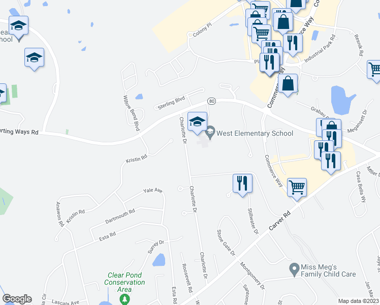 map of restaurants, bars, coffee shops, grocery stores, and more near 37 Charlotte Drive in Plymouth