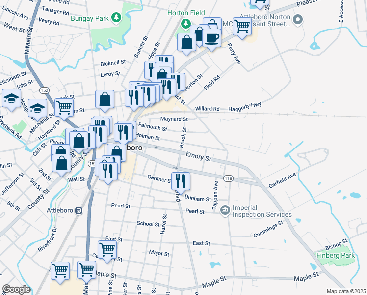 map of restaurants, bars, coffee shops, grocery stores, and more near 43 Holman Street in Attleboro