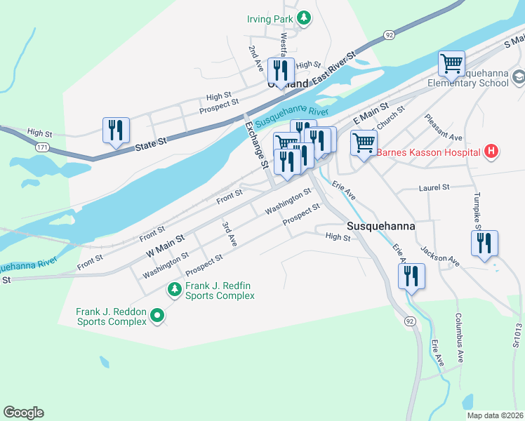 map of restaurants, bars, coffee shops, grocery stores, and more near 300-398 Washington Street in Susquehanna
