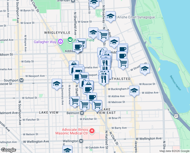 map of restaurants, bars, coffee shops, grocery stores, and more near 839 West Newport Avenue in Chicago