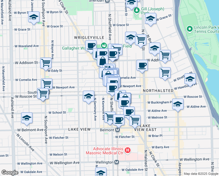 map of restaurants, bars, coffee shops, grocery stores, and more near 3433 North Sheffield Avenue in Chicago