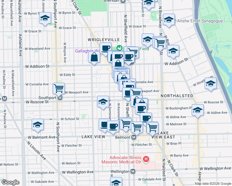 map of restaurants, bars, coffee shops, grocery stores, and more near 1030 West Newport Avenue in Chicago