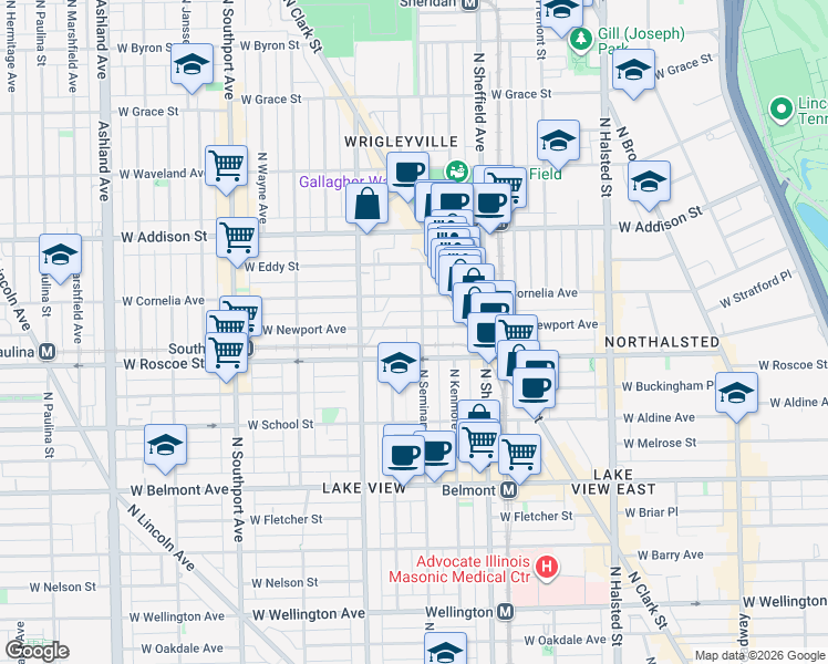 map of restaurants, bars, coffee shops, grocery stores, and more near 1108 West Newport Avenue in Chicago