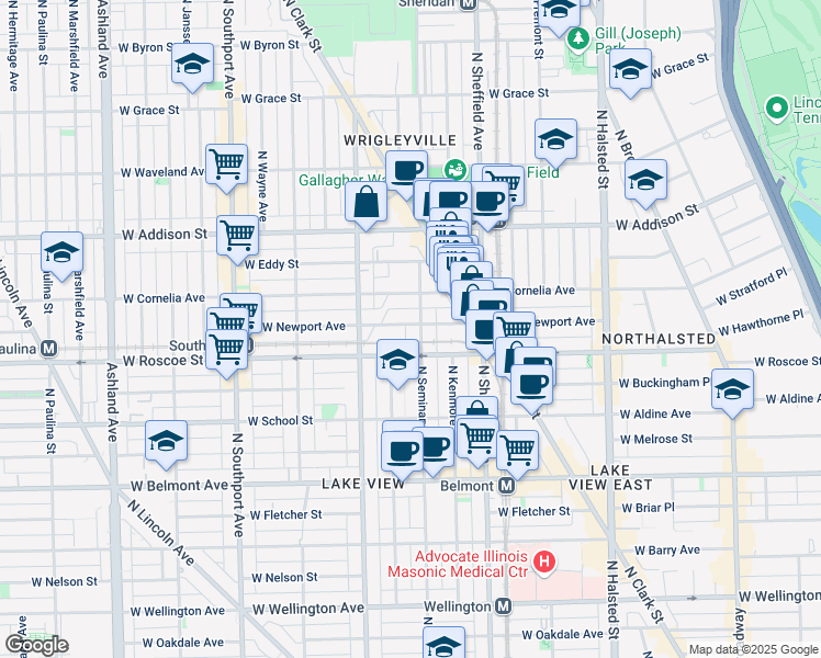 map of restaurants, bars, coffee shops, grocery stores, and more near 1108 West Newport Avenue in Chicago