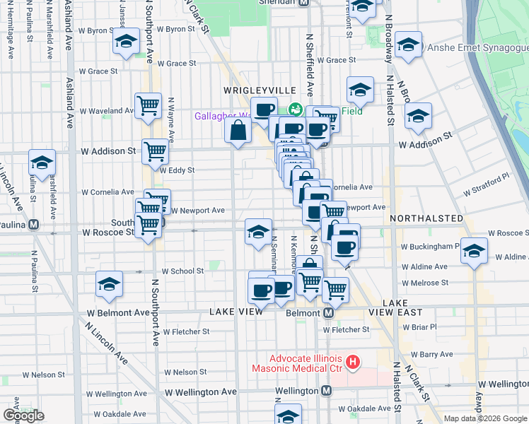 map of restaurants, bars, coffee shops, grocery stores, and more near 1108 West Newport Avenue in Chicago
