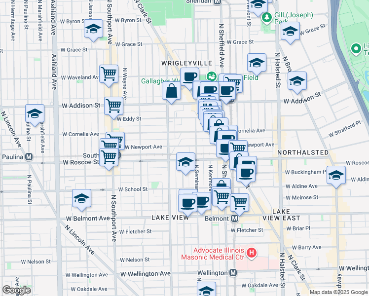 map of restaurants, bars, coffee shops, grocery stores, and more near 1108 West Newport Avenue in Chicago