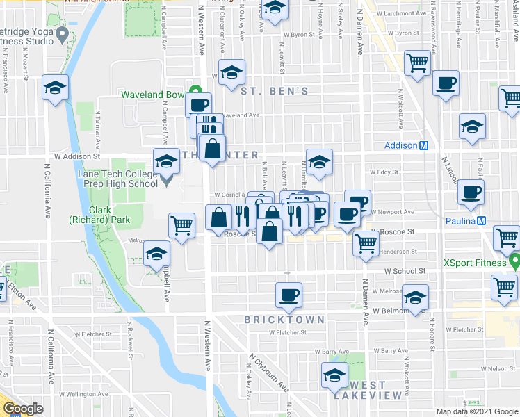map of restaurants, bars, coffee shops, grocery stores, and more near 3445 North Oakley Avenue in Chicago