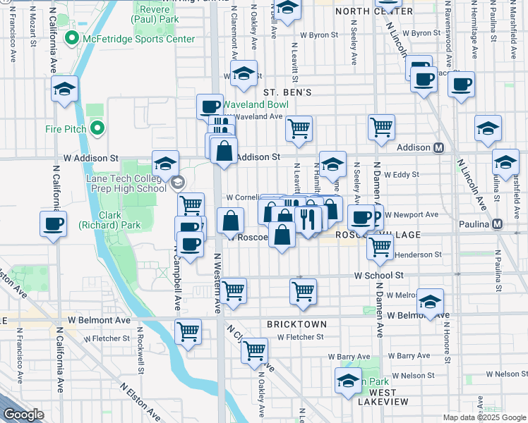 map of restaurants, bars, coffee shops, grocery stores, and more near 3445 North Oakley Avenue in Chicago