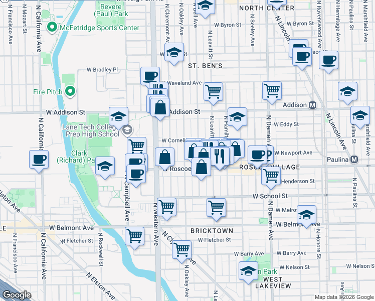 map of restaurants, bars, coffee shops, grocery stores, and more near 3445 North Oakley Avenue in Chicago