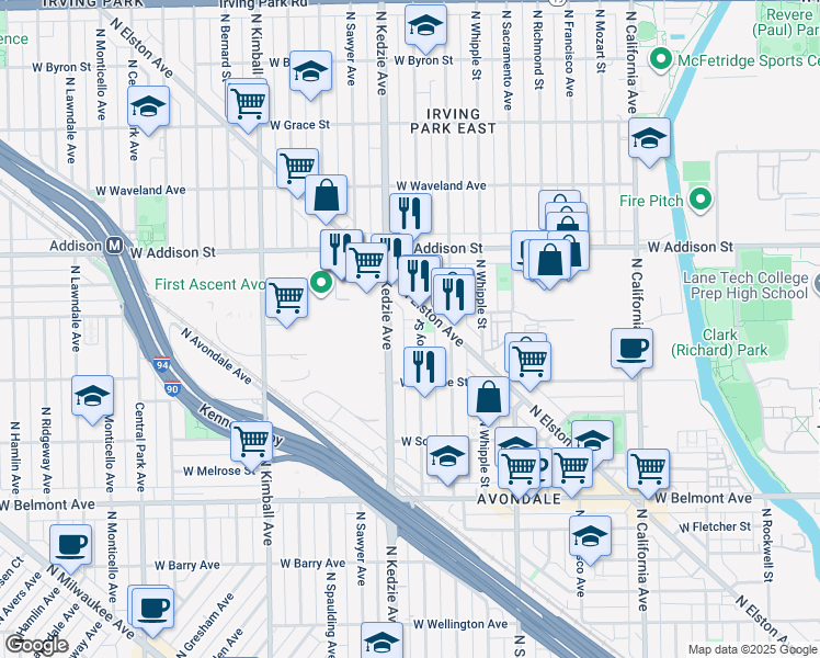 map of restaurants, bars, coffee shops, grocery stores, and more near 3451 North Troy Street in Chicago
