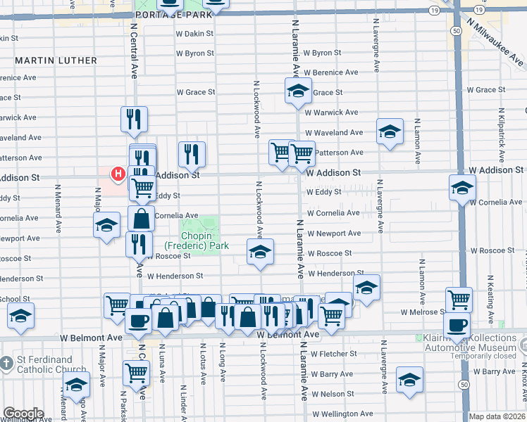 map of restaurants, bars, coffee shops, grocery stores, and more near 5252 West Cornelia Avenue in Chicago