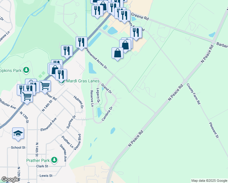 map of restaurants, bars, coffee shops, grocery stores, and more near 1526 Grand Drive in DeKalb