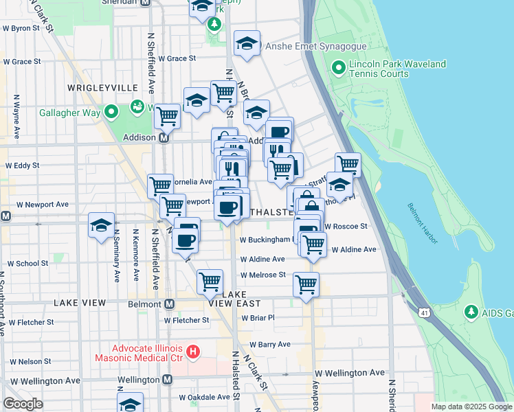 map of restaurants, bars, coffee shops, grocery stores, and more near 3418 North Elaine Place in Chicago
