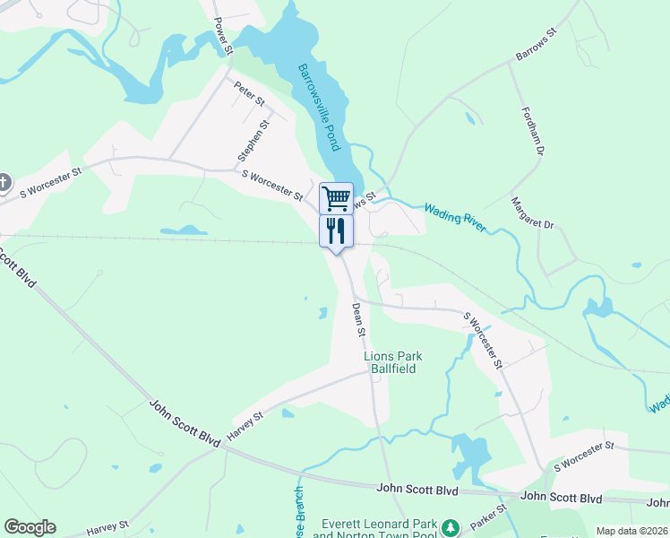 map of restaurants, bars, coffee shops, grocery stores, and more near 223 South Worcester Street in Taunton