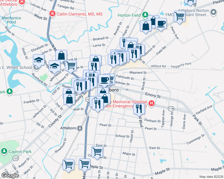 map of restaurants, bars, coffee shops, grocery stores, and more near 74 Park Street in Attleboro