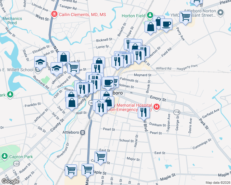 map of restaurants, bars, coffee shops, grocery stores, and more near in Attleboro