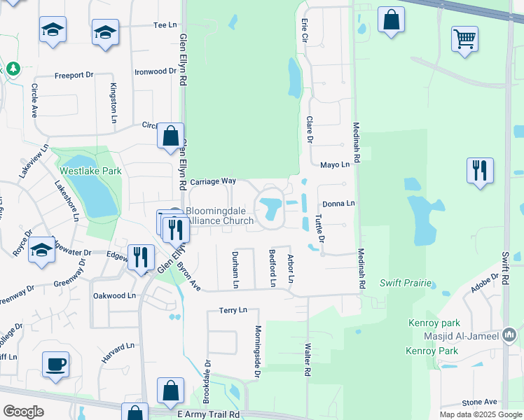 map of restaurants, bars, coffee shops, grocery stores, and more near 5 Willow Bridge Way in Bloomingdale