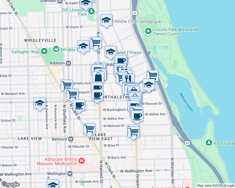 map of restaurants, bars, coffee shops, grocery stores, and more near 3421 North Elaine Place in Chicago
