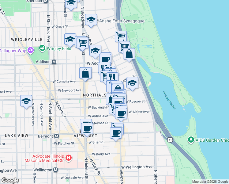 map of restaurants, bars, coffee shops, grocery stores, and more near 588 West Hawthorne Place in Chicago