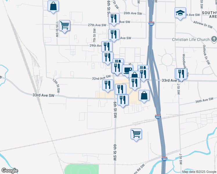 map of restaurants, bars, coffee shops, grocery stores, and more near 605 32nd Avenue Southwest in Cedar Rapids