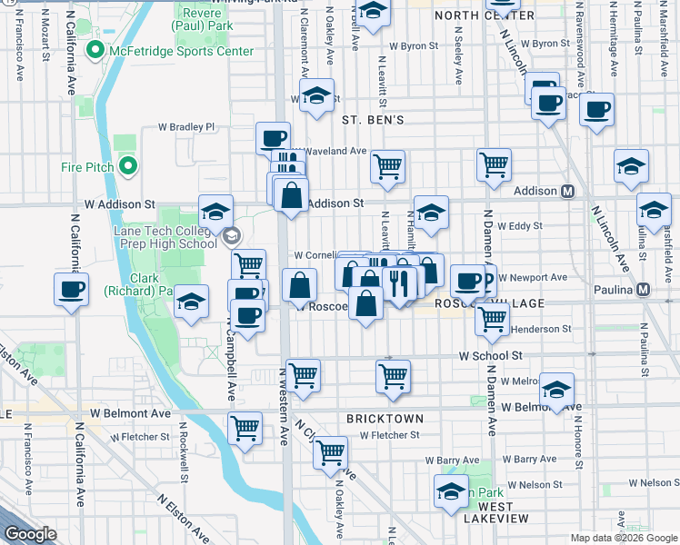 map of restaurants, bars, coffee shops, grocery stores, and more near 3445 North Oakley Avenue in Chicago