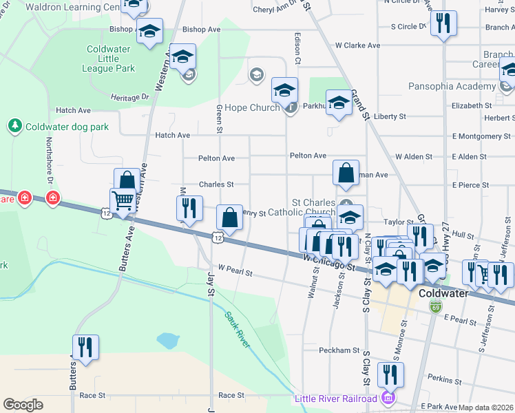 map of restaurants, bars, coffee shops, grocery stores, and more near 66 North Polk Street in Coldwater