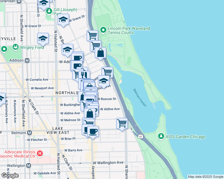 map of restaurants, bars, coffee shops, grocery stores, and more near 3430 North Lake Shore Drive in Chicago