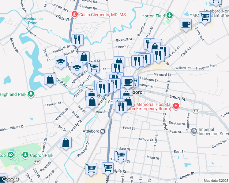 map of restaurants, bars, coffee shops, grocery stores, and more near 8 North Main Street in Attleboro