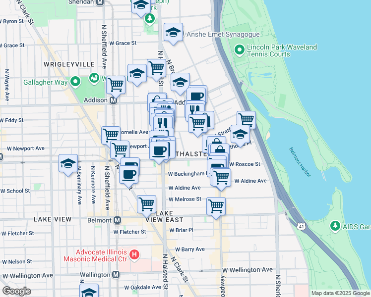 map of restaurants, bars, coffee shops, grocery stores, and more near 3427 North Elaine Place in Chicago