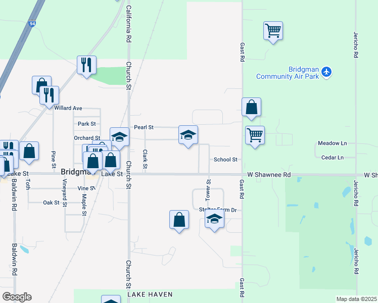 map of restaurants, bars, coffee shops, grocery stores, and more near 3891 Lake Street in Bridgman