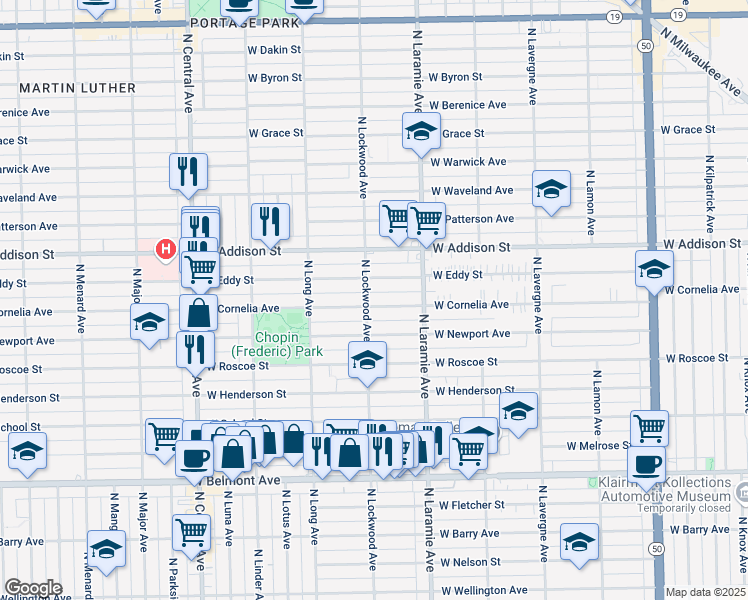 map of restaurants, bars, coffee shops, grocery stores, and more near 5252 West Cornelia Avenue in Chicago