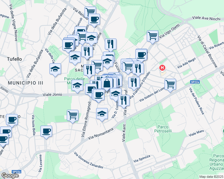 map of restaurants, bars, coffee shops, grocery stores, and more near 91 Via Ugo Ojetti in Rome