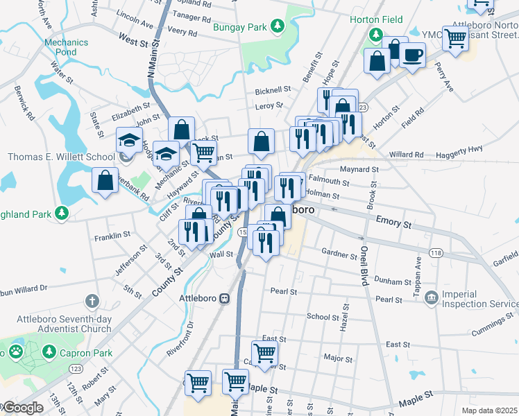 map of restaurants, bars, coffee shops, grocery stores, and more near 27 Park Street in Attleboro